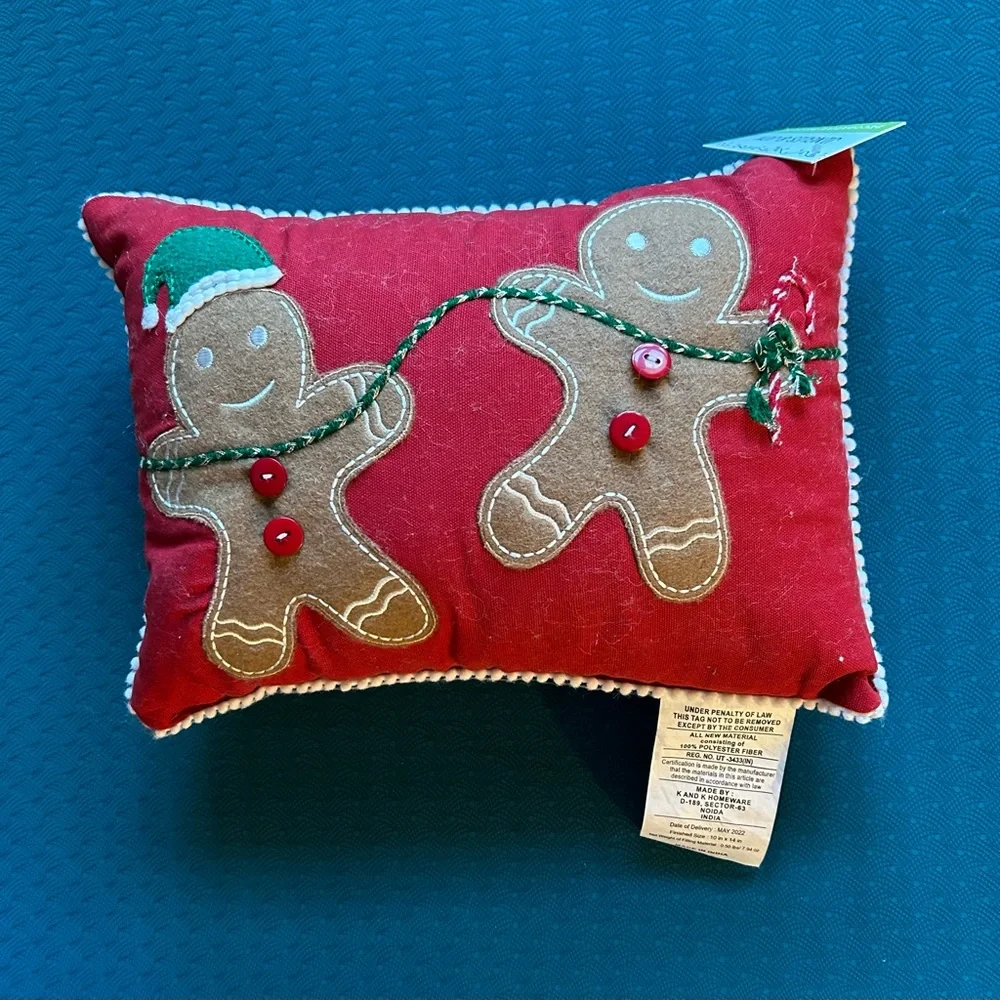 Jingles & Joy Gingerbread Decorative Pillow — Red — 10” x 14” — NWT